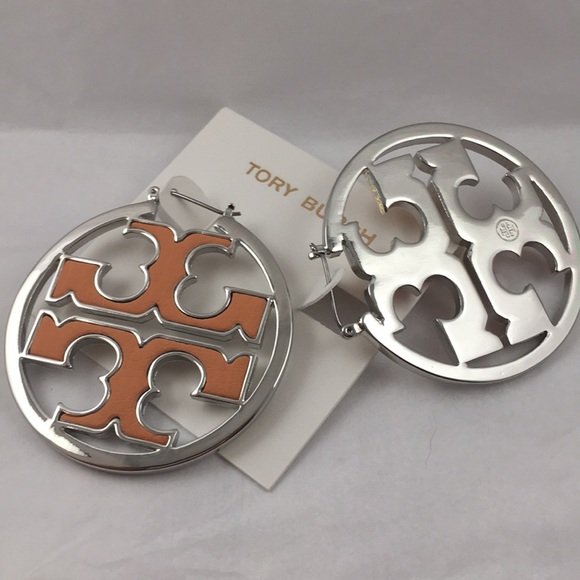 Tory Burch Miller Hoop Silver/Orange Logo Earrings - Picture 4 of 7